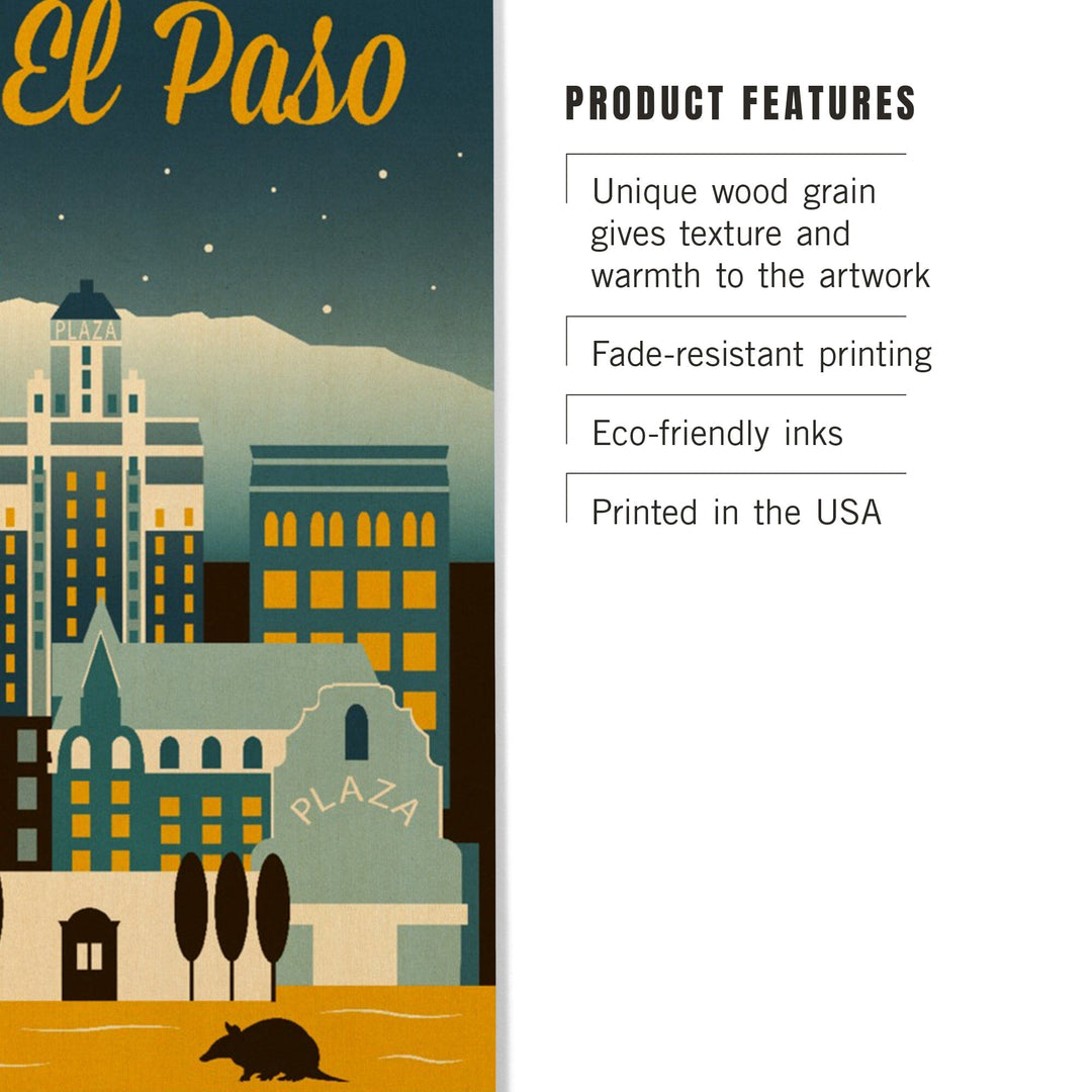 El Paso, Texas, Retro Skyline Series, Lantern Press Artwork, Wood Signs and Postcards Wood Lantern Press 
