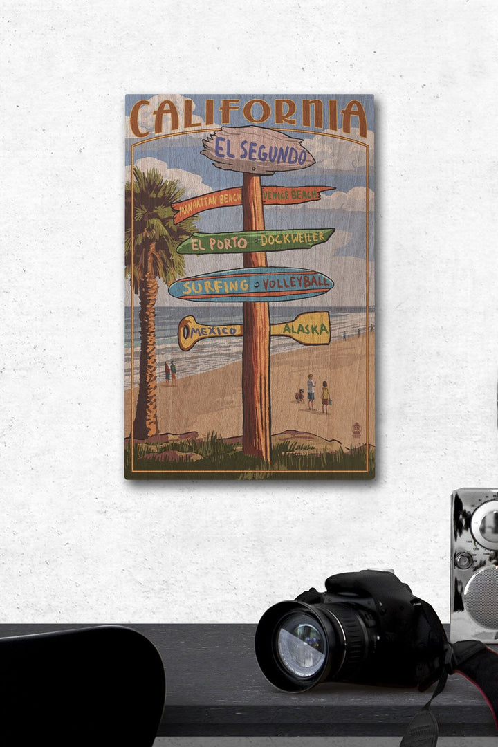 El Segundo, California, Destinations Sign, Lantern Press Artwork, Wood Signs and Postcards Wood Lantern Press 12 x 18 Wood Gallery Print 