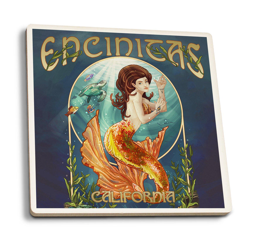Encinitas, California, Mermaid, Lantern Press Poster, Coaster Set Coasters Lantern Press 
