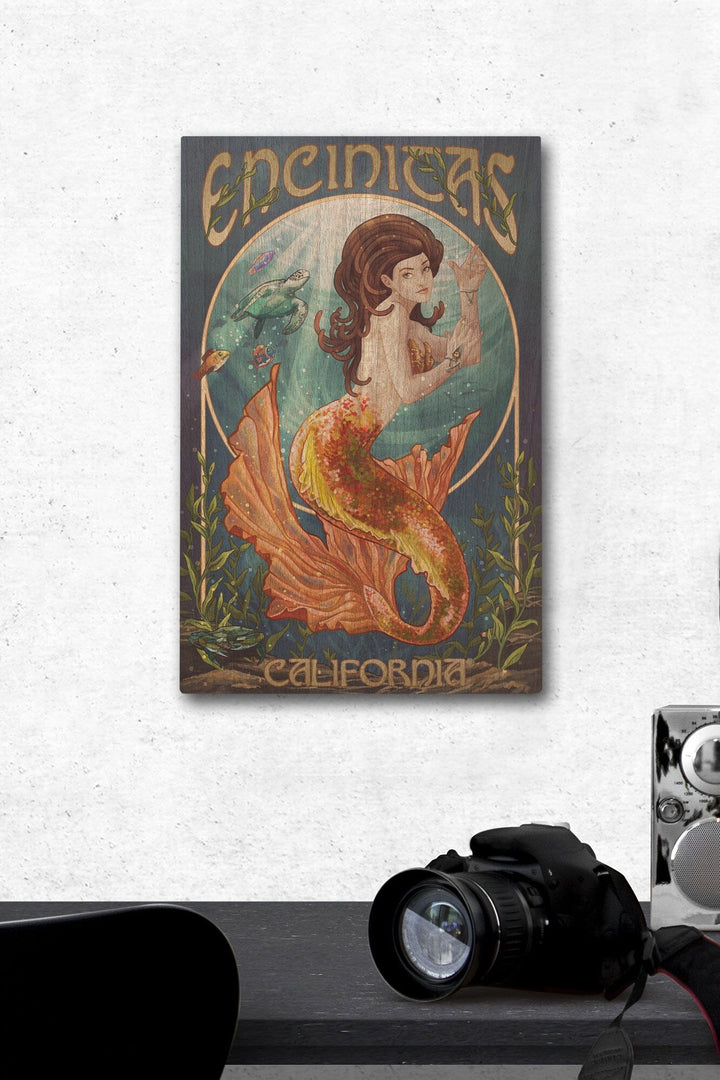 Encinitas, California, Mermaid, Lantern Press Poster, Wood Signs and Postcards Wood Lantern Press 12 x 18 Wood Gallery Print 