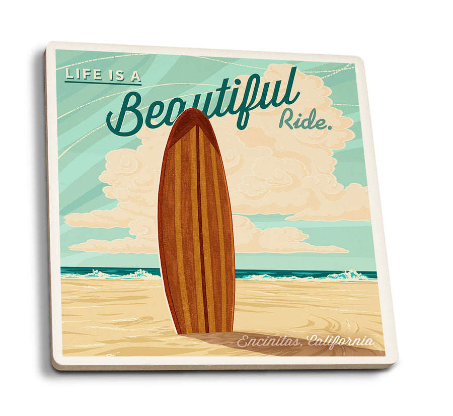 Encinitas, California, Surf Board Letterpress, Life is a Beautiful Ride, Lantern Press Artwork, Coaster Set Coasters Lantern Press 