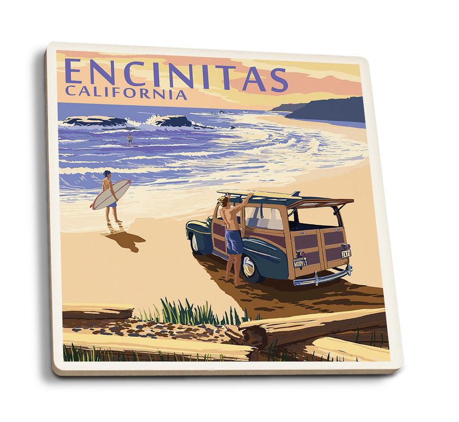 Encinitas, California, Woody on Beach, Lantern Press Artwork, Coaster Set Coasters Lantern Press 