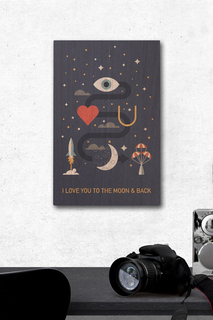 Equations and Emojis Collection, I Love You To The Moon And Back, Wood Signs and Postcards Wood Lantern Press 12 x 18 Wood Gallery Print 