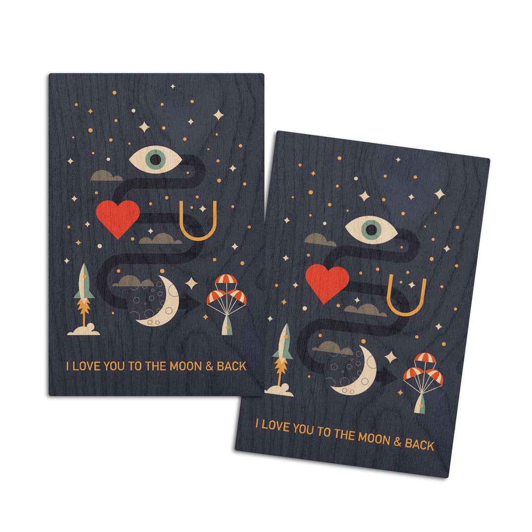 Equations and Emojis Collection, I Love You To The Moon And Back, Wood Signs and Postcards Wood Lantern Press 4x6 Wood Postcard Set 