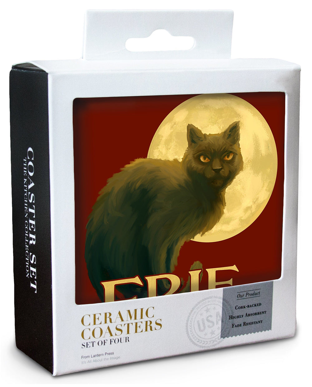 Erie, Pennsylvania, Black Cat, Halloween Oil Painting, Contour, Lantern Press Artwork, Coaster Set Coasters Lantern Press 