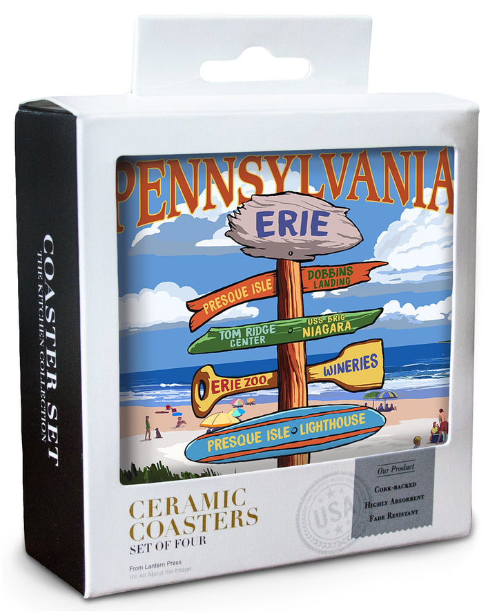 Erie, Pennsylvania, Destination Signpost, Lantern Press Artwork, Coaster Set Coasters Lantern Press 