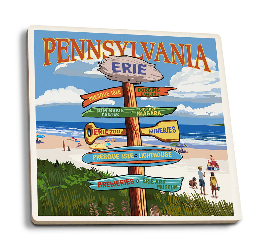 Erie, Pennsylvania, Destination Signpost, Lantern Press Artwork, Coaster Set Coasters Lantern Press 