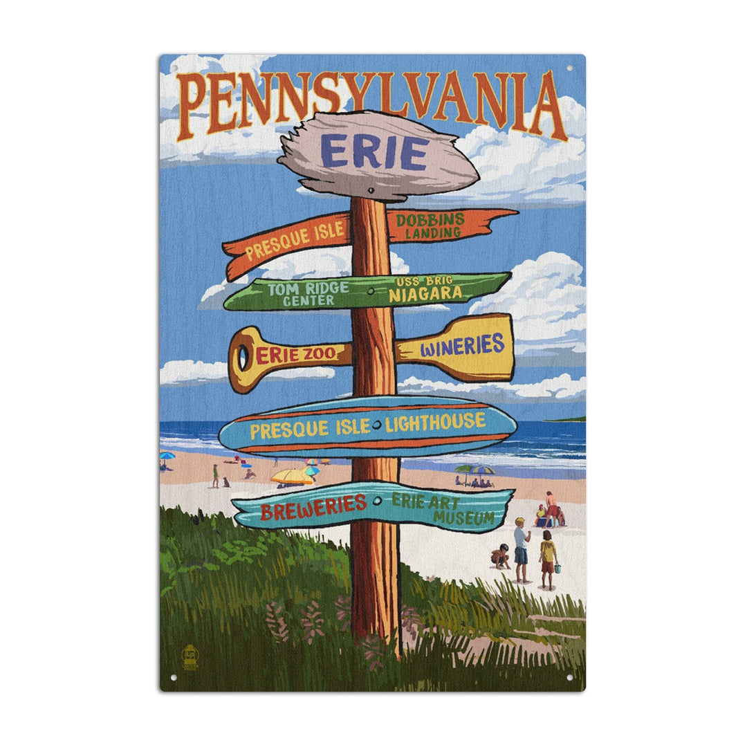 Erie, Pennsylvania, Destination Signpost, Lantern Press Artwork, Wood Signs and Postcards Wood Lantern Press 10 x 15 Wood Sign 