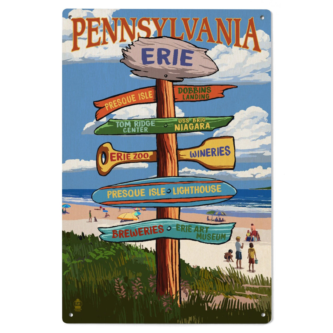 Erie, Pennsylvania, Destination Signpost, Lantern Press Artwork, Wood Signs and Postcards Wood Lantern Press 
