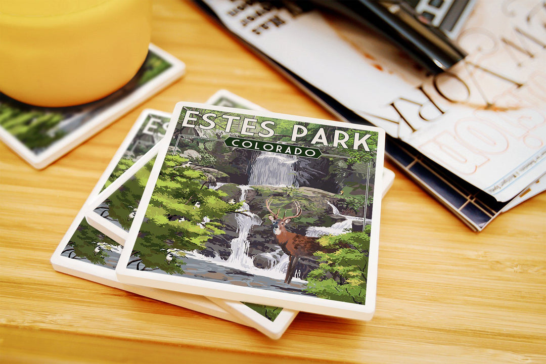 Estes Park, Colorado, Deer and Falls, Painterly Series, Lantern Press Artwork, Coaster Set Coasters Lantern Press 
