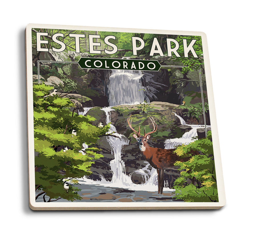 Estes Park, Colorado, Deer and Falls, Painterly Series, Lantern Press Artwork, Coaster Set Coasters Lantern Press 