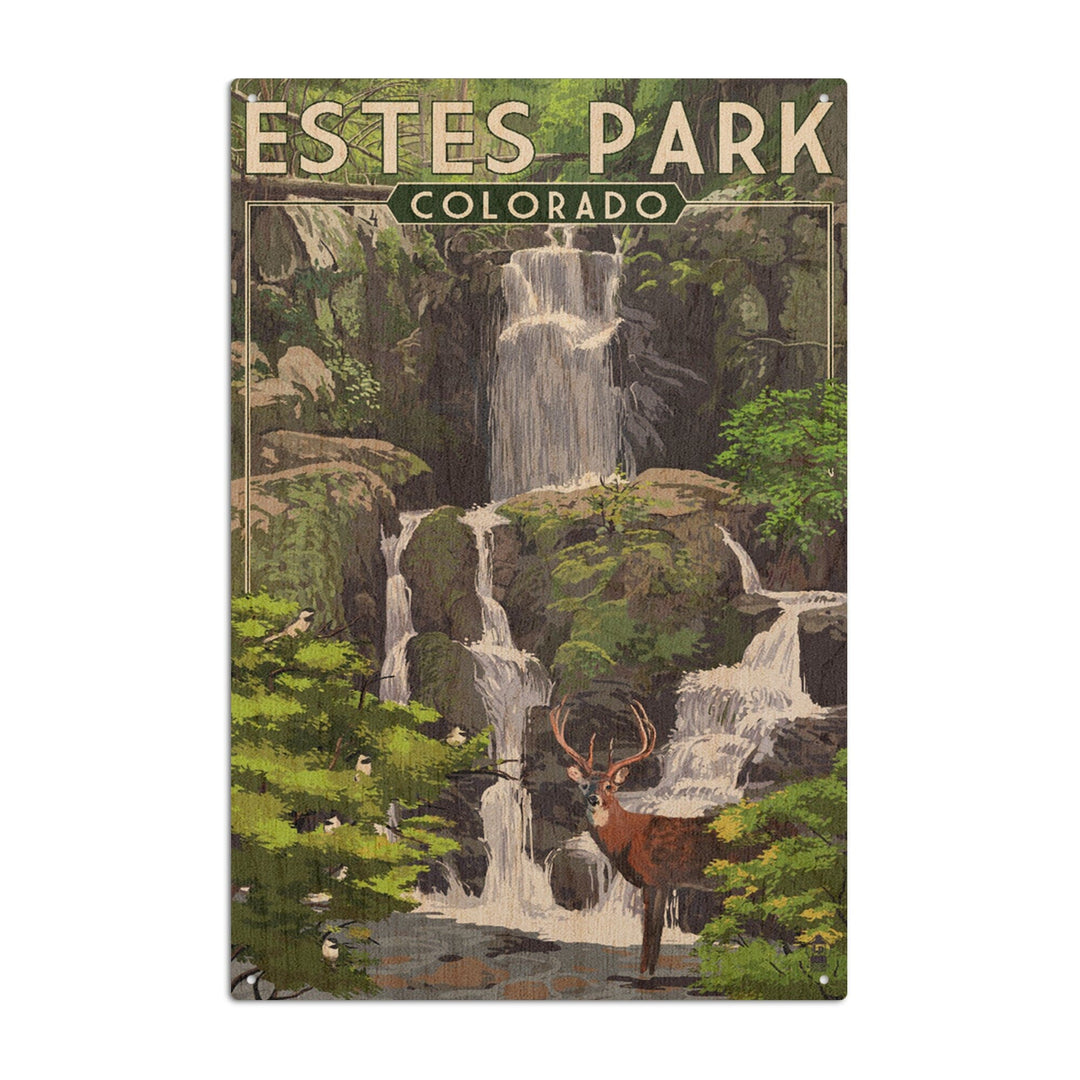 Estes Park, Colorado, Deer and Falls, Painterly Series, Lantern Press Artwork, Wood Signs and Postcards Wood Lantern Press 10 x 15 Wood Sign 