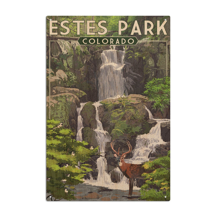 Estes Park, Colorado, Deer and Falls, Painterly Series, Lantern Press Artwork, Wood Signs and Postcards Wood Lantern Press 10 x 15 Wood Sign 