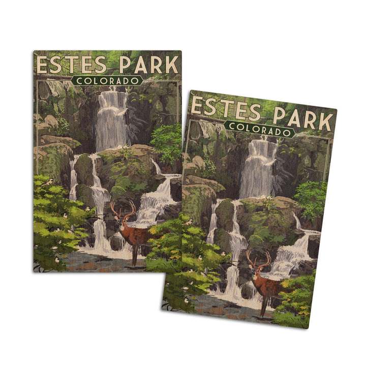 Estes Park, Colorado, Deer and Falls, Painterly Series, Lantern Press Artwork, Wood Signs and Postcards Wood Lantern Press 4x6 Wood Postcard Set 