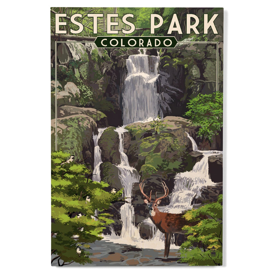 Estes Park, Colorado, Deer and Falls, Painterly Series, Lantern Press Artwork, Wood Signs and Postcards Wood Lantern Press 