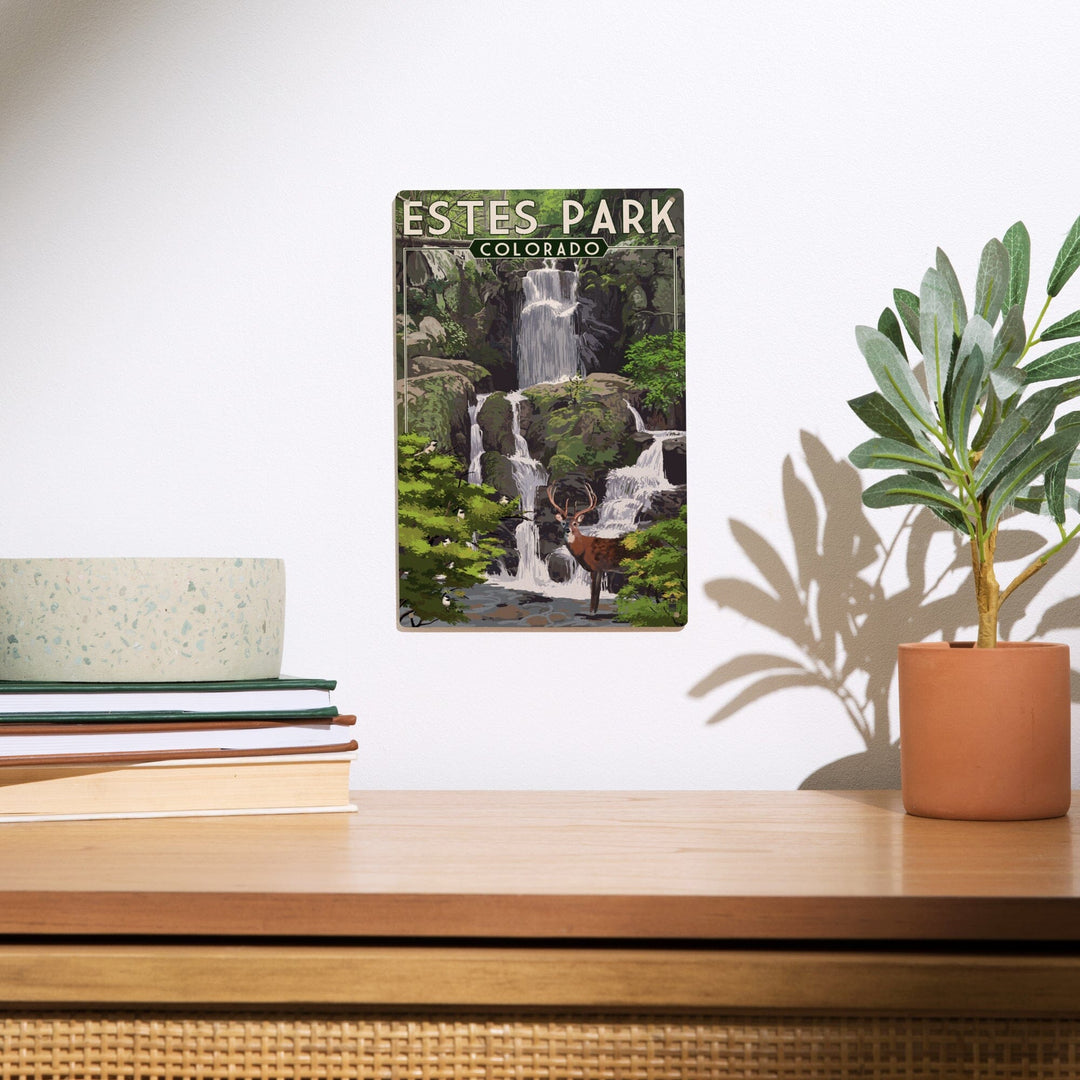 Estes Park, Colorado, Deer and Falls, Painterly Series, Lantern Press Artwork, Wood Signs and Postcards Wood Lantern Press 