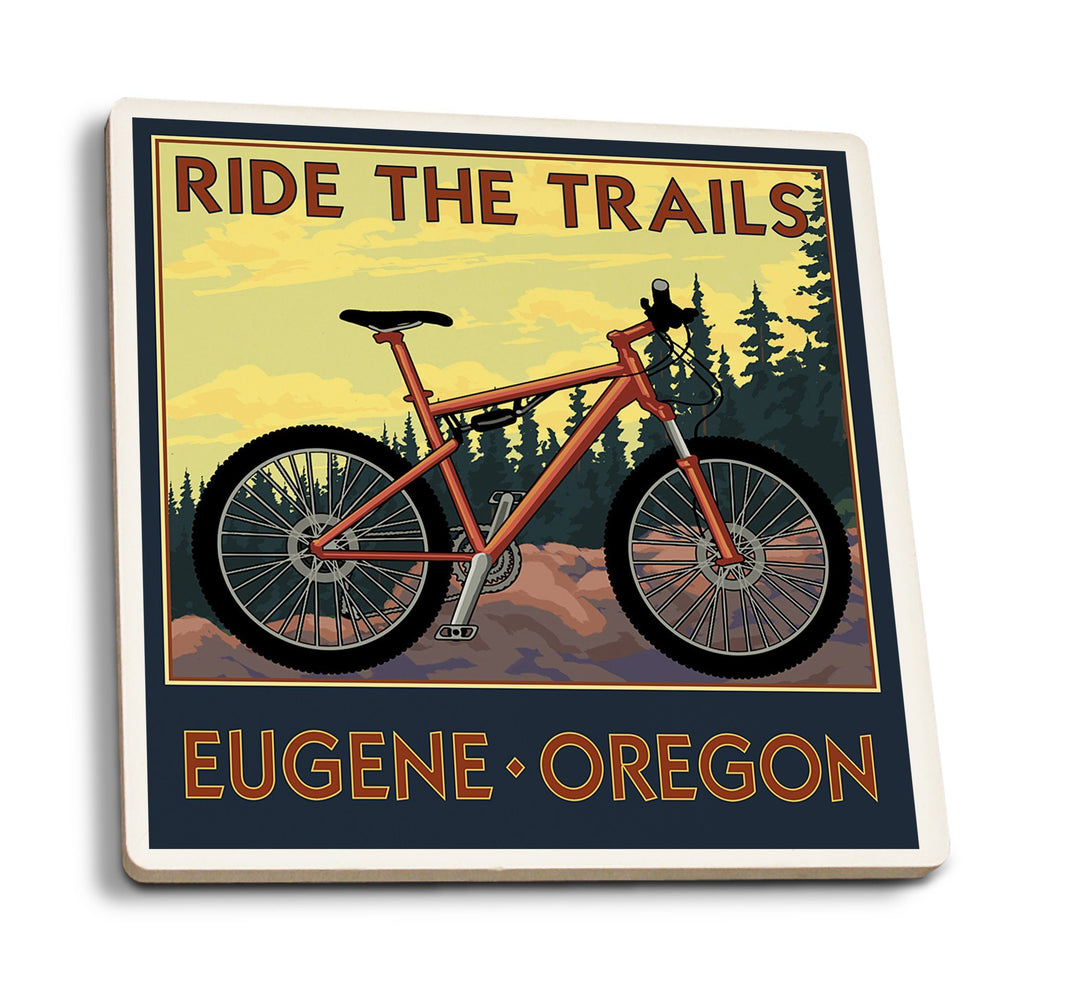 Eugene, Oregon, Ride the Trails, Lantern Press Artwork, Coaster Set Coasters Lantern Press 