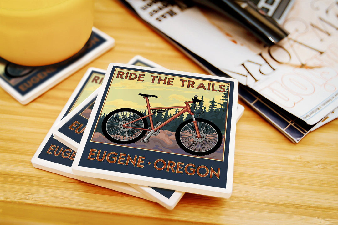 Eugene, Oregon, Ride the Trails, Lantern Press Artwork, Coaster Set Coasters Lantern Press 