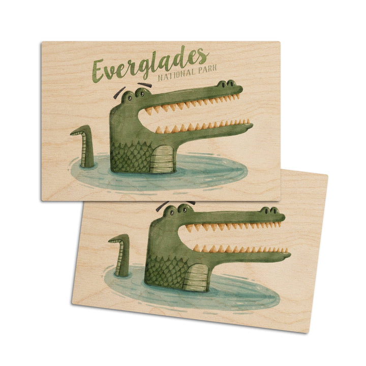 Everglades National Park, Florida, Alligator, Watercolor, Lantern Press Artwork, Wood Signs and Postcards Wood Lantern Press 4x6 Wood Postcard Set 