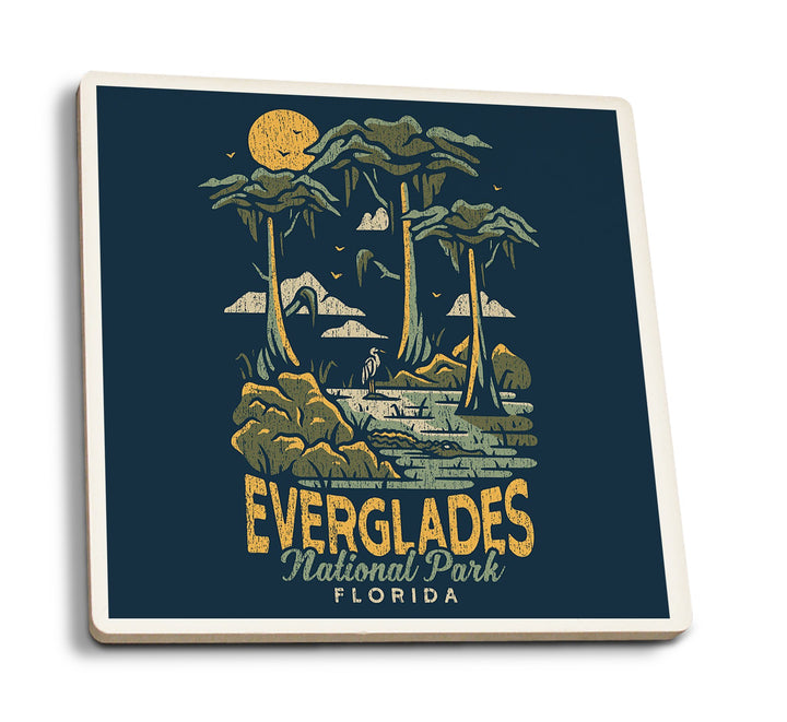 Everglades National Park, Florida, Distress Vector Shapes, Lantern Press Artwork, Coaster Set Coasters Lantern Press 