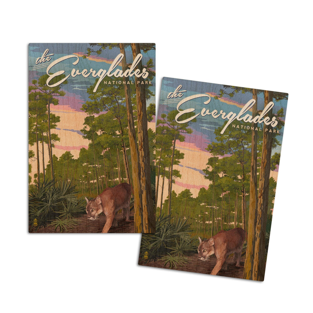 Everglades National Park, Florida, Panther & Pinelands, Painterly National Park Series, Lantern Press Artwork, Wood Signs and Postcards Wood Lantern Press 4x6 Wood Postcard Set 