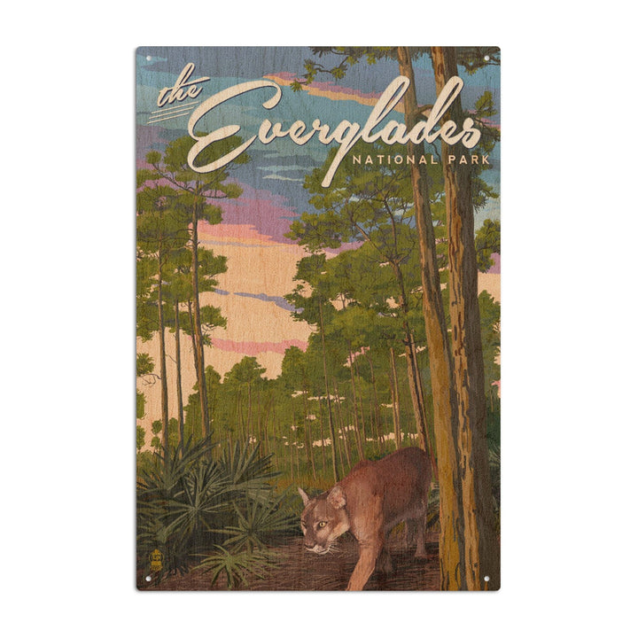 Everglades National Park, Florida, Panther & Pinelands, Painterly National Park Series, Lantern Press Artwork, Wood Signs and Postcards Wood Lantern Press 6x9 Wood Sign 