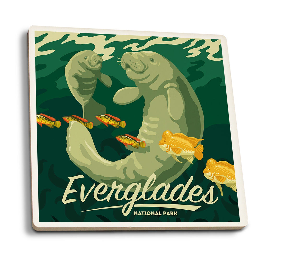 Everglades National Park, Manatee and Calf Swimming, Lantern Press Artwork, Coaster Set Coasters Lantern Press 