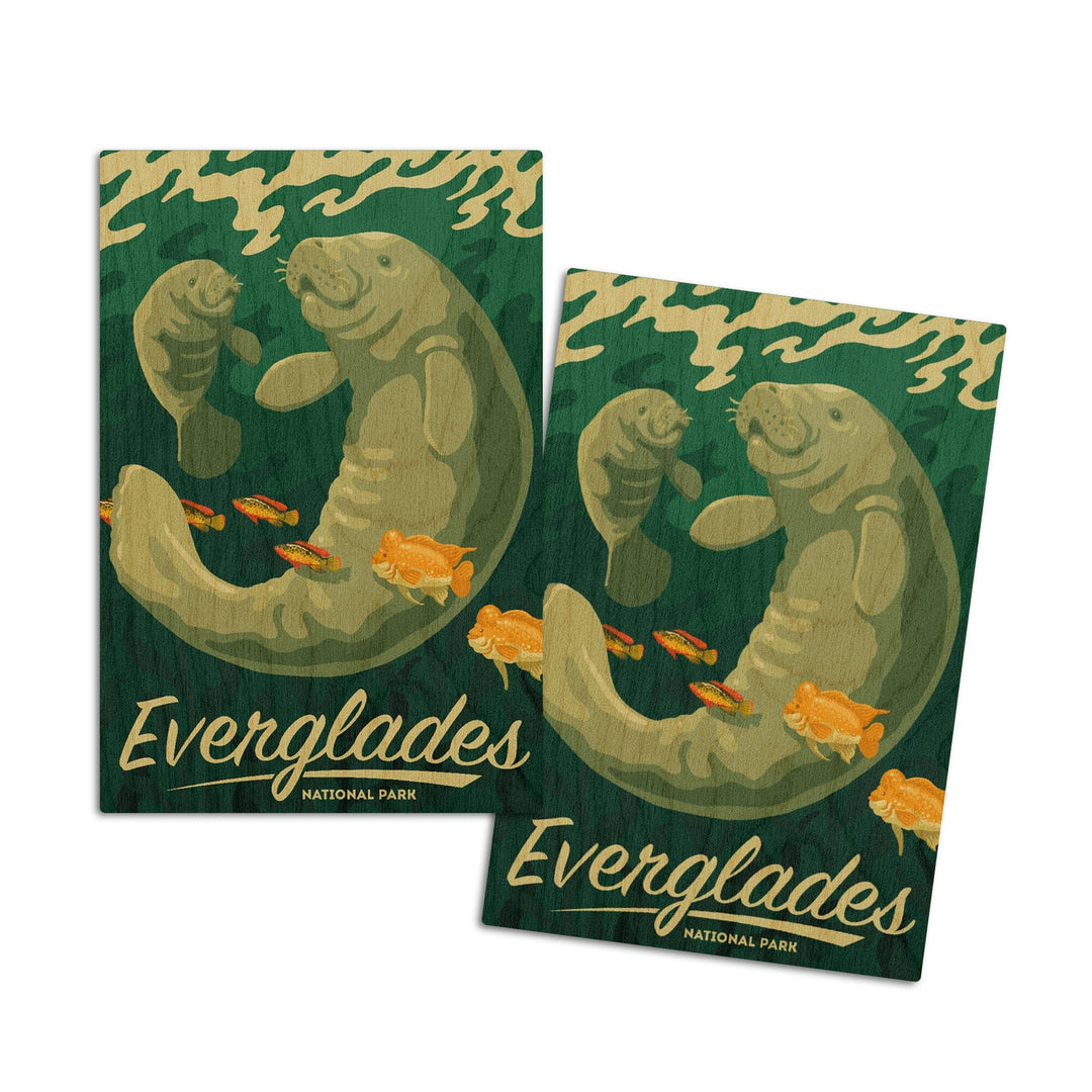Everglades National Park, Manatee and Calf Swimming, Lantern Press Artwork, Wood Signs and Postcards Wood Lantern Press 4x6 Wood Postcard Set 