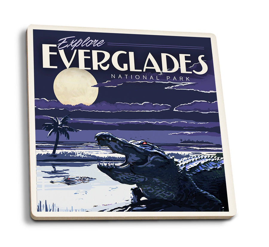 Everglades National Park, Night Alligator, Painterly National Park Series, Lantern Press Artwork, Coaster Set Coasters Lantern Press 
