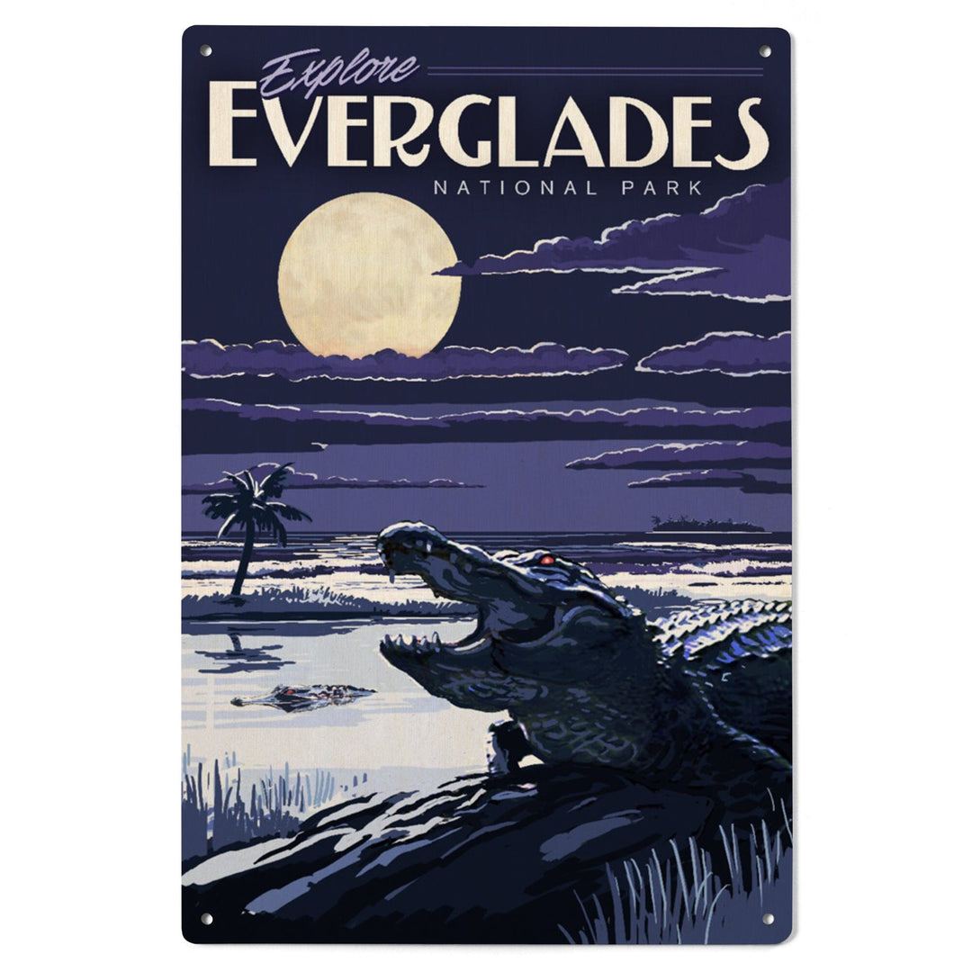 Everglades National Park, Night Alligator, Painterly National Park Series, Lantern Press Artwork, Wood Signs and Postcards Wood Lantern Press 