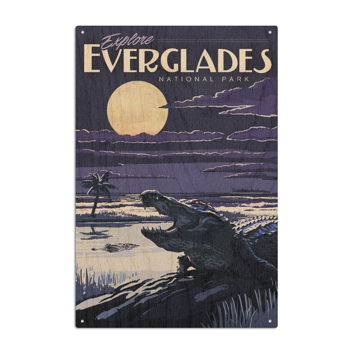 Everglades National Park, Night Alligator, Painterly National Park Series, Lantern Press Artwork, Wood Signs and Postcards Wood Lantern Press 6x9 Wood Sign 
