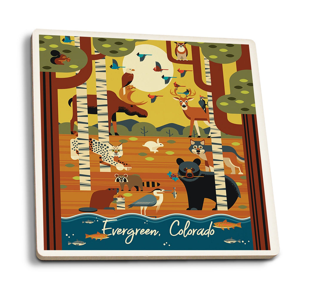 Evergreen, Colorado, Forest Animals, Geometric, Lantern Press Artwork, Coaster Set Coasters Lantern Press 