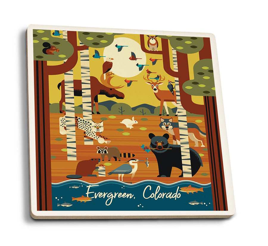 Evergreen, Colorado, Forest Animals, Geometric, Lantern Press Artwork, Coaster Set Coasters Lantern Press 