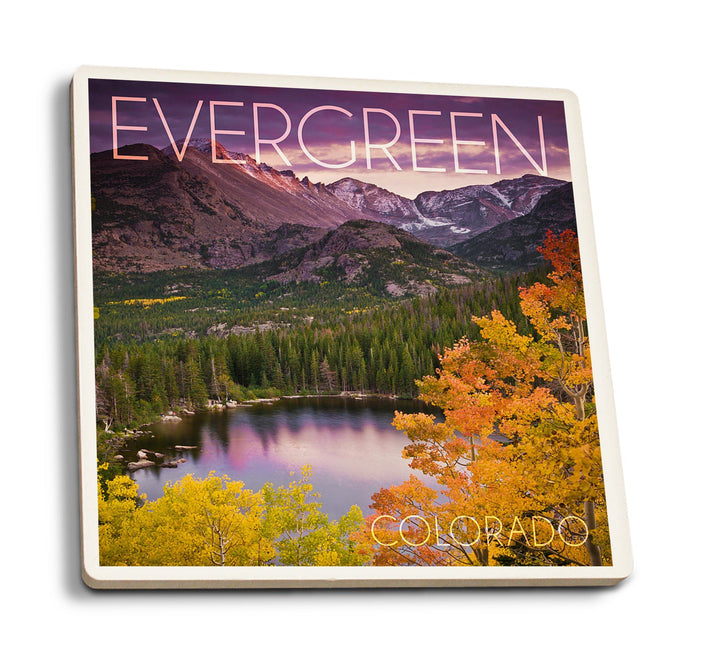 Evergreen, Colorado, Rocky Mountain National Park, Purple Sunset & Lake, Photography, Coaster Set Coasters Lantern Press 