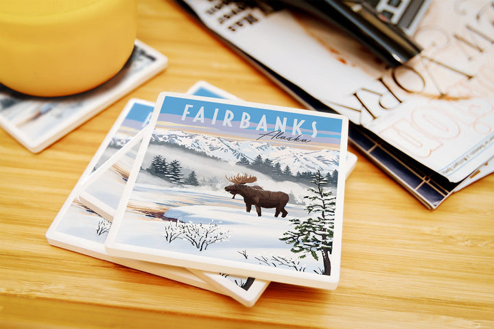 Fairbanks, Alaska, Moose, Winter Scene, Lantern Press Artwork, Coaster Set Coasters Lantern Press 