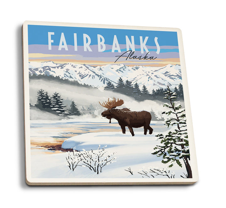 Fairbanks, Alaska, Moose, Winter Scene, Lantern Press Artwork, Coaster Set Coasters Lantern Press 
