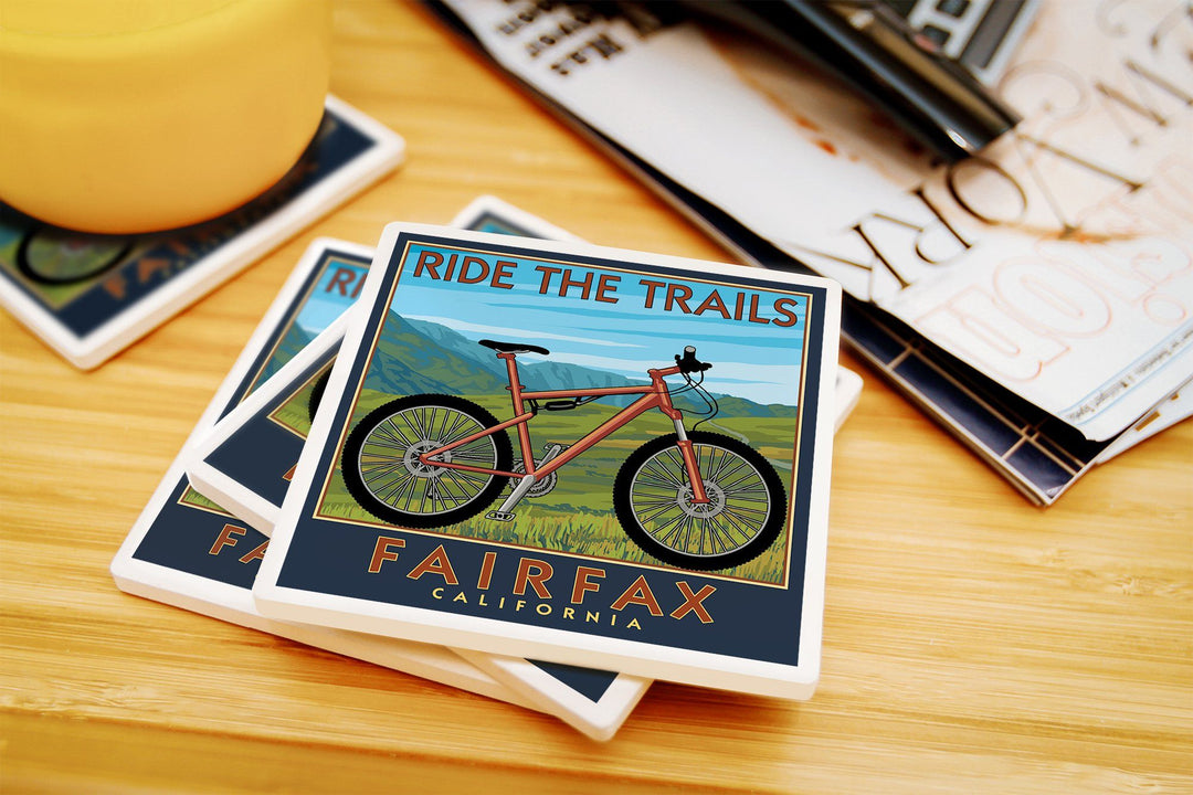 Fairfax, California, Ride the Trails, Blue Sky, Lantern Press Artwork, Coaster Set Coasters Lantern Press 