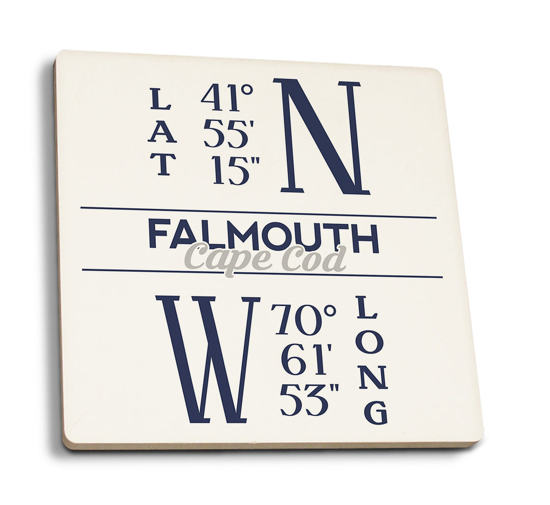 Falmouth, Cape Cod, Massachusetts, Latitude & Longitude (Blue), Lantern Press Artwork, Coaster Set Coasters Lantern Press 