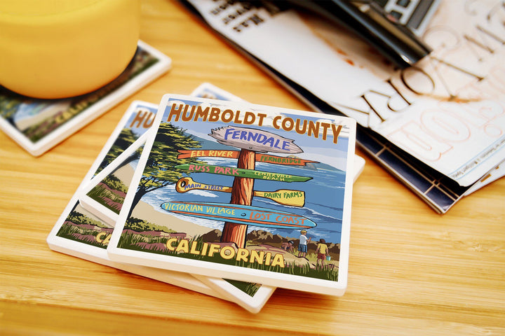 Ferndale, California, Humboldt County, Destination Signpost, Lantern Press Artwork, Coaster Set Coasters Lantern Press 