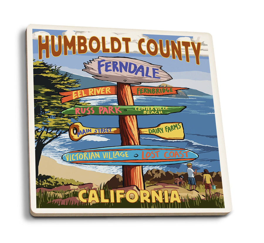 Ferndale, California, Humboldt County, Destination Signpost, Lantern Press Artwork, Coaster Set Coasters Lantern Press 