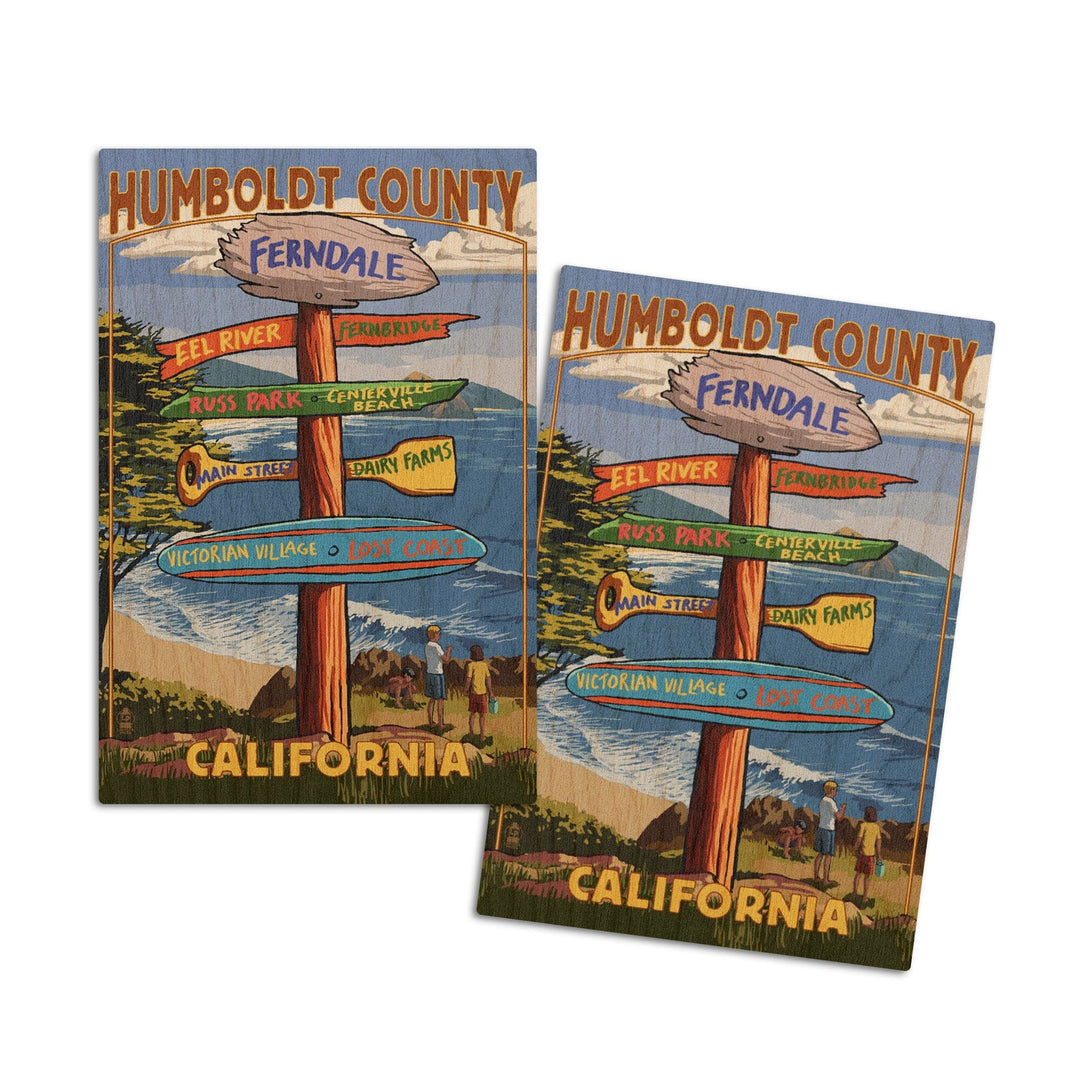 Ferndale, California, Humboldt County, Destination Signpost, Lantern Press Artwork, Wood Signs and Postcards Wood Lantern Press 4x6 Wood Postcard Set 