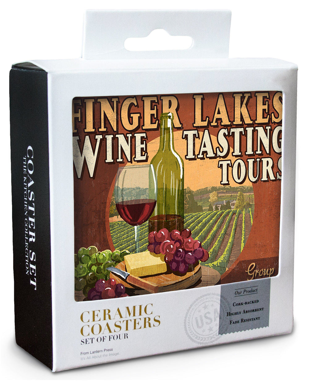 Finger Lakes, New York, Wine Tasting Vintage Sign, Lantern Press Artwork, Coaster Set Coasters Lantern Press 