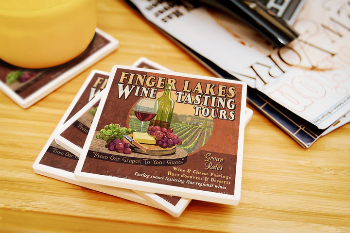 Finger Lakes, New York, Wine Tasting Vintage Sign, Lantern Press Artwork, Coaster Set Coasters Lantern Press 
