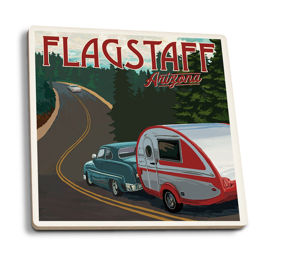 Flagstaff, Arizona, Retro Camper on Road, Lantern Press Artwork, Coaster Set Coasters Lantern Press 