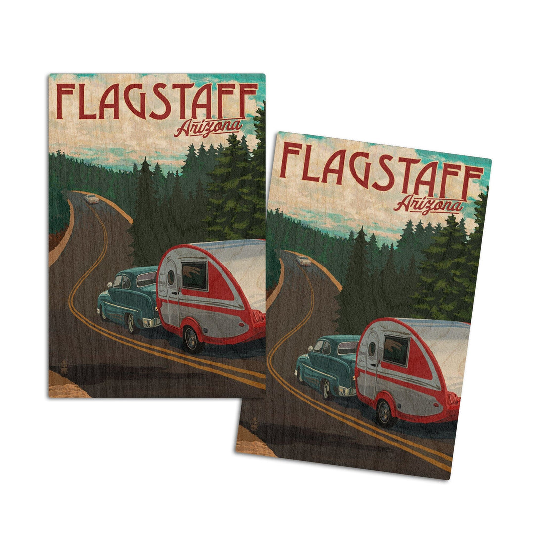 Flagstaff, Arizona, Retro Camper on Road, Lantern Press Artwork, Wood Signs and Postcards Wood Lantern Press 4x6 Wood Postcard Set 
