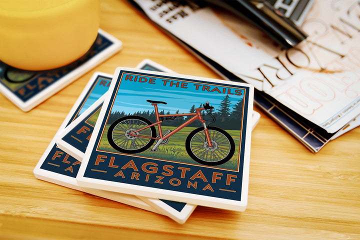 Flagstaff, Arizona, Ride the Trails, Mountain Bike Scene, Lantern Press Artwork, Coaster Set Coasters Lantern Press 