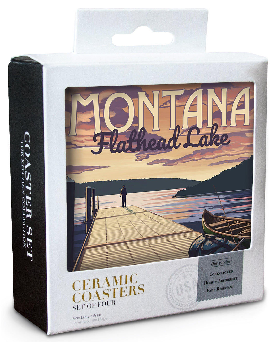 Flathead Lake, Montana, Dock & Lake Scene, Lantern Press Artwork, Coaster Set Coasters Lantern Press 