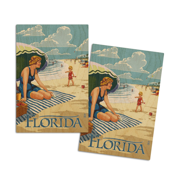 Florida, Beach Scene, Lantern Press Artwork, Wood Signs and Postcards Wood Lantern Press 4x6 Wood Postcard Set 
