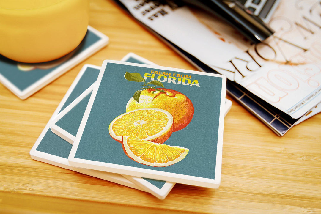 Florida, Fresh Oranges, Letterpress, Lantern Press Poster, Coaster Set Coasters Lantern Press 