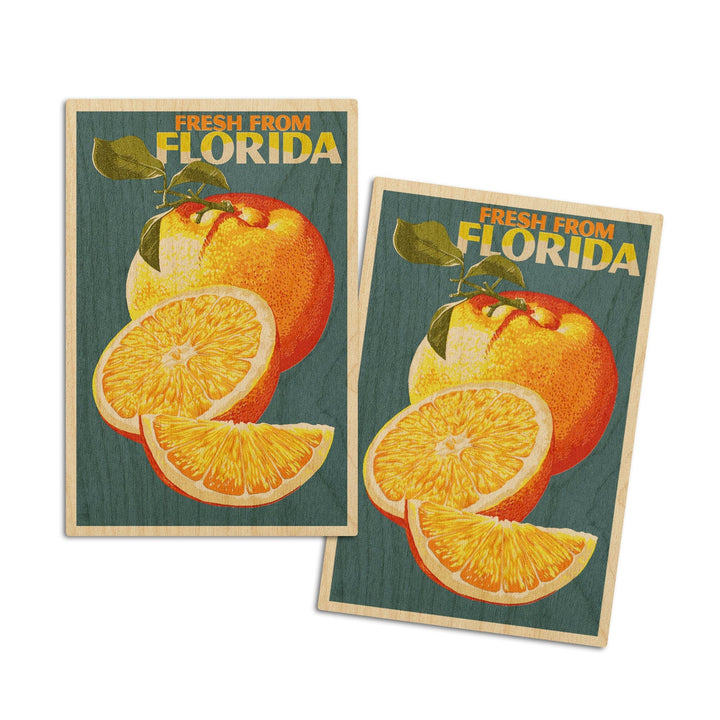 Florida, Fresh Oranges, Letterpress, Lantern Press Poster, Wood Signs and Postcards Wood Lantern Press 4x6 Wood Postcard Set 